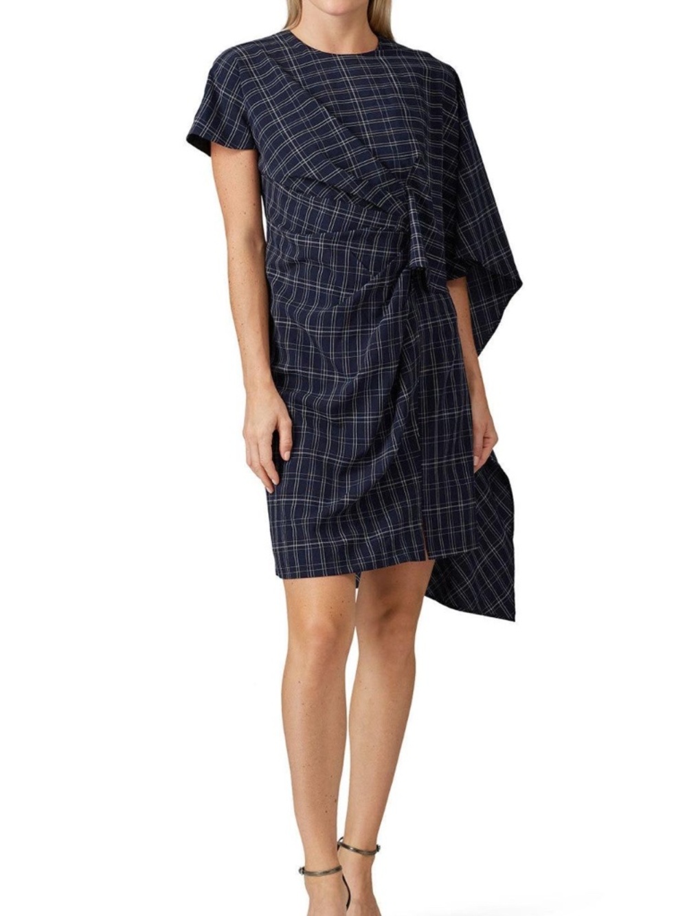 Prabal Gurung Collective Navy Plaid Asymmetric Cape Dress 14 Designer $380
